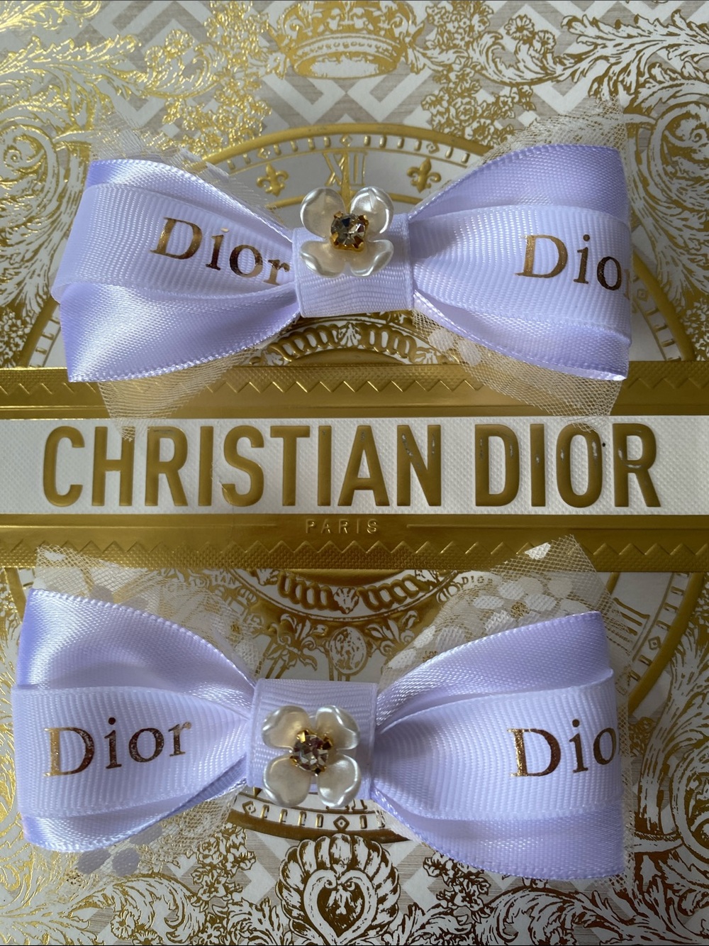 Handmade Dior Kids Lavender Logo Ribbon Bow Hair Clips with Pearl Flower